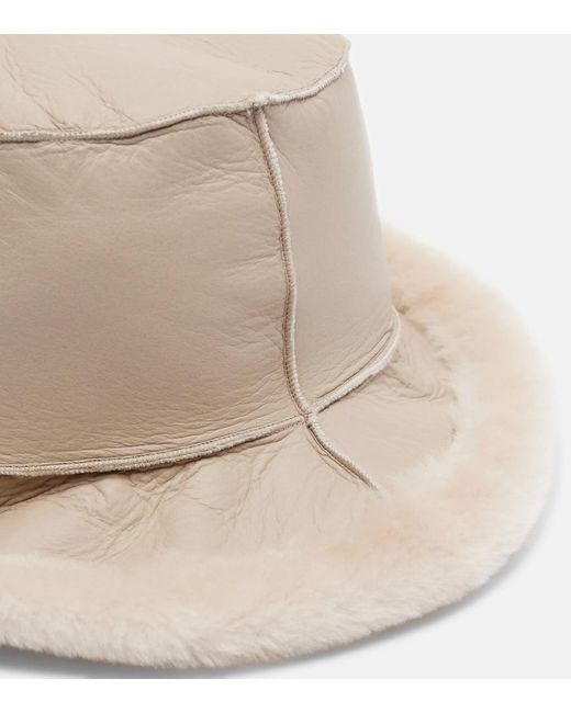 Brunello Cucinelli Natural Shearling-Trimmed Leather Boater Hat