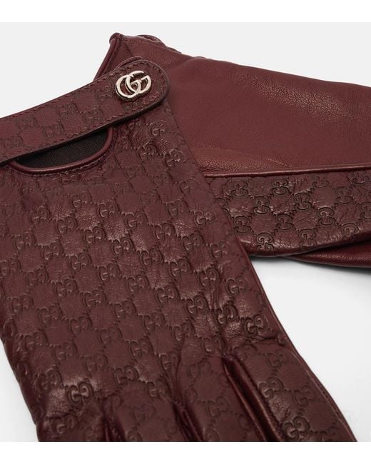 Gucci Red Double G Gg Debossed Leather Gloves