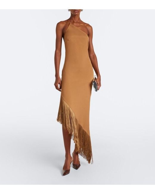 ‎Taller Marmo Brown Antelope Fringe-Trimmed Asymmetric Midi Dress