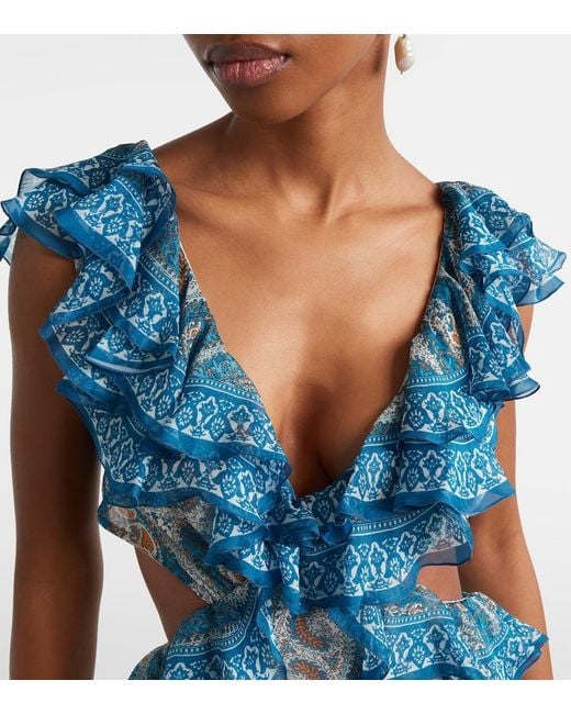 Etro Blue Paisley Lace-Trimmed Ruffled Silk Maxi Dress