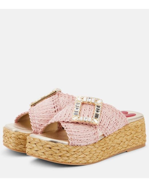 Roger Vivier Pink Espa 60 Embellished Raffia Espadrille Sandals