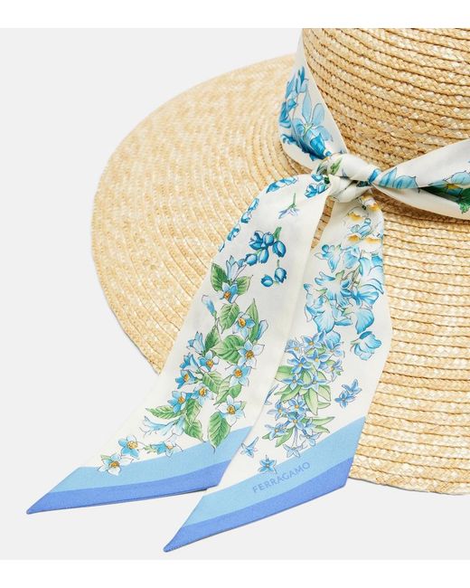Ferragamo Metallic Scarf-Detail Raffia Sun Hat