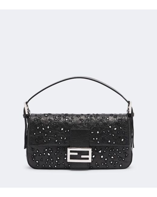 Fendi Black Baguette 26424 Small Embellished Leather Shoulder Bag