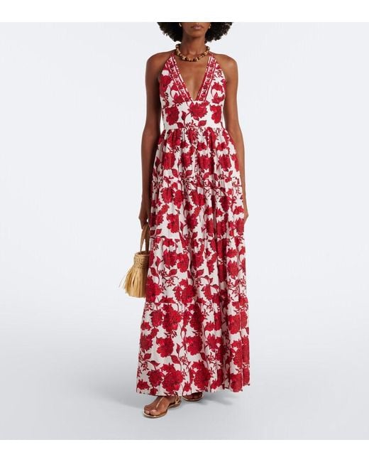 Alexandra Miro Red Clover Floral Cotton And Silk Maxi Dress