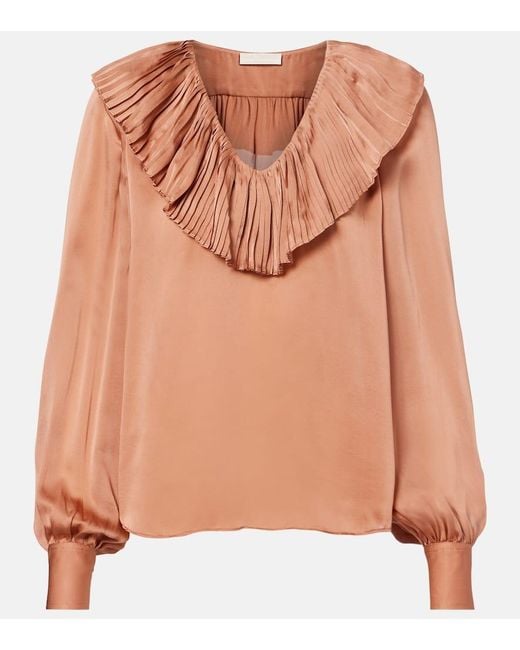 Ulla Johnson Orange Liese Pleated Silk Satin Blouse