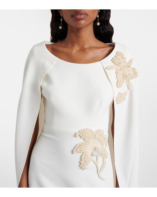 Safiyaa White Yuna Faux Pearl-Embellished Crepe Gown