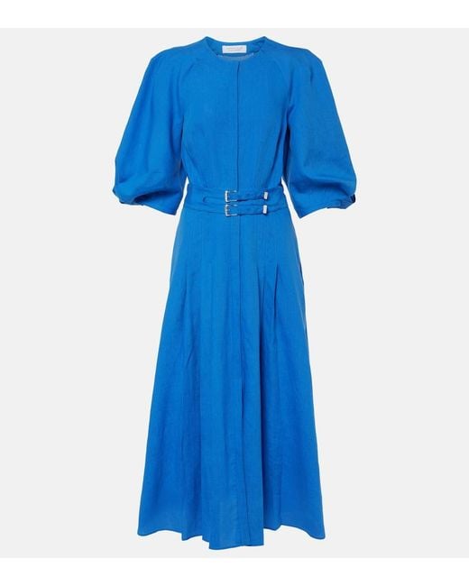 Gabriela Hearst Blue Elea Puff-Sleeve Linen Maxi Dress