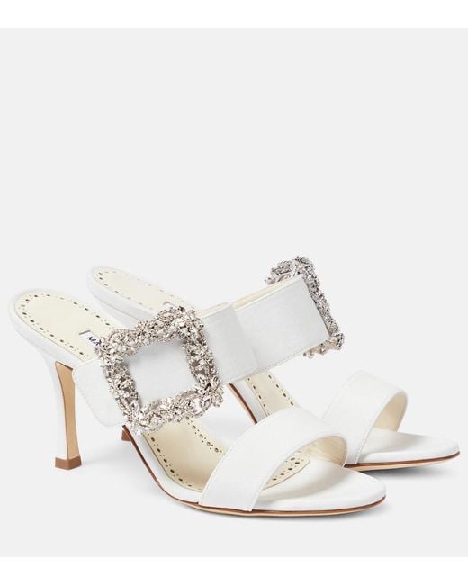 Manolo Blahnik White Gable Jewel Crepe De Chine Mules
