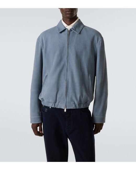 Brunello Cucinelli Blue Leather Blouson Jacket for men