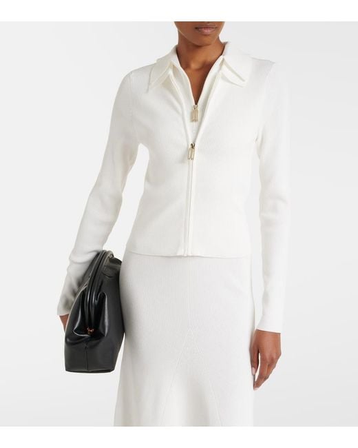 Victoria Beckham White Mila Ribbed-Knit Zip-Up Top