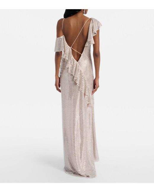 Self-Portrait White Draped Rhinestone-Embellished Maxi Dress