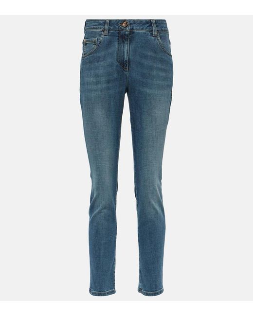 Brunello Cucinelli Blue High-Rise Cropped Skinny Jeans