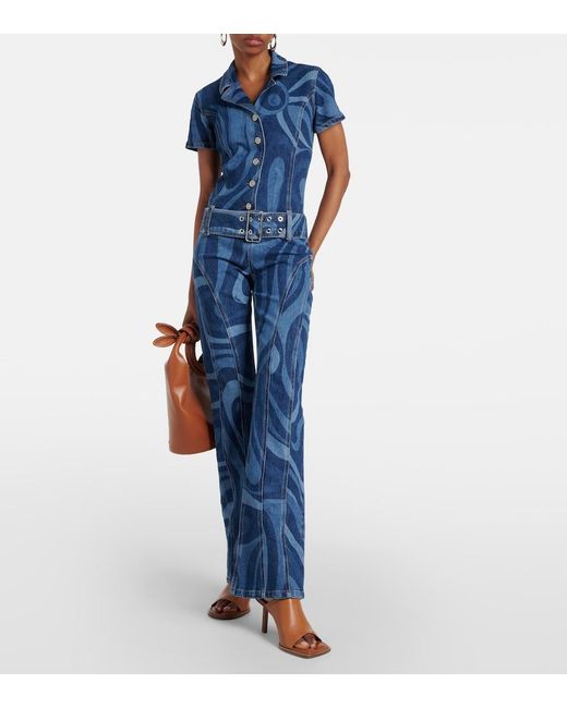 Emilio Pucci Blue Marmo Belted Denim Jumpsuit