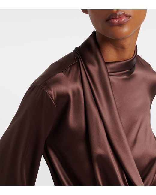 Brunello Cucinelli Brown Draped Silk-Blend Satin Blouse