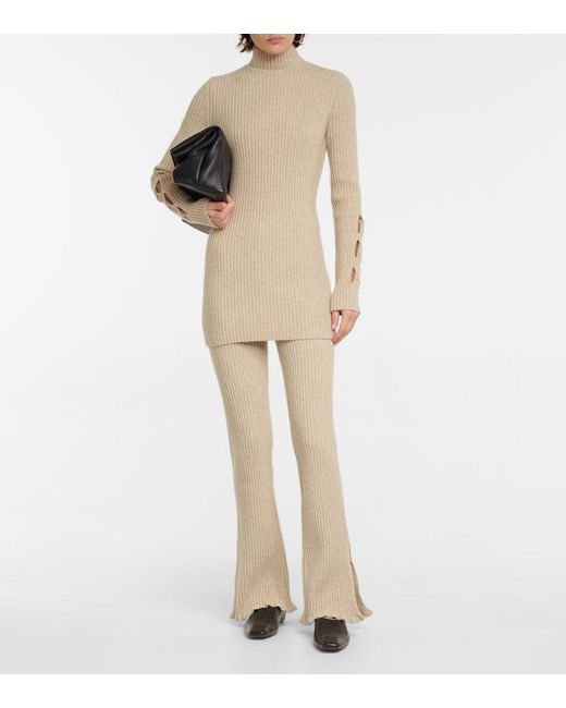 Victoria Beckham Natural Ribbed-Knit Wool-Blend Flared Pants