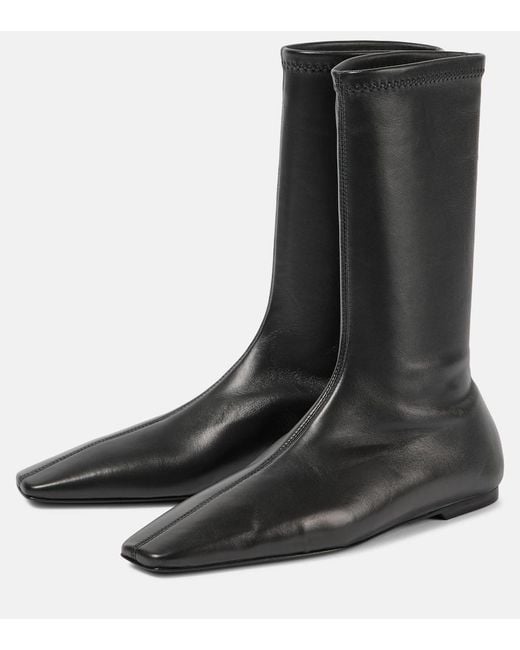 Totême Black Leather Square-Toe Sock Boots