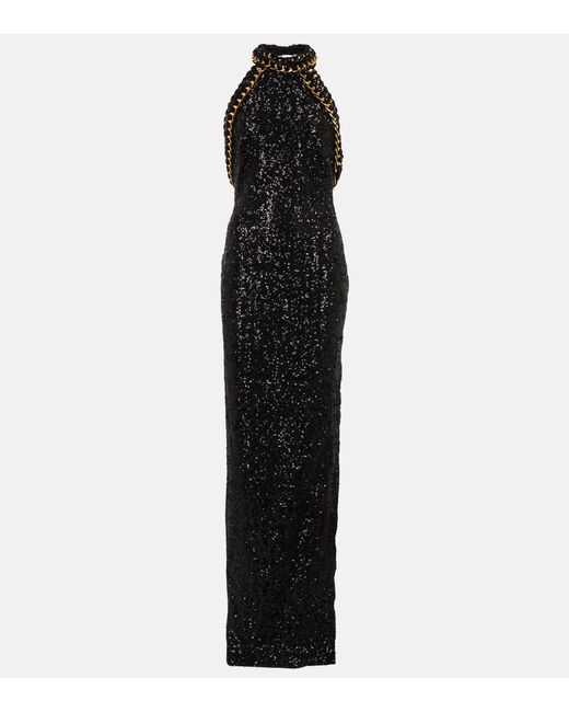 Balmain Black Sequined Halterneck Gown