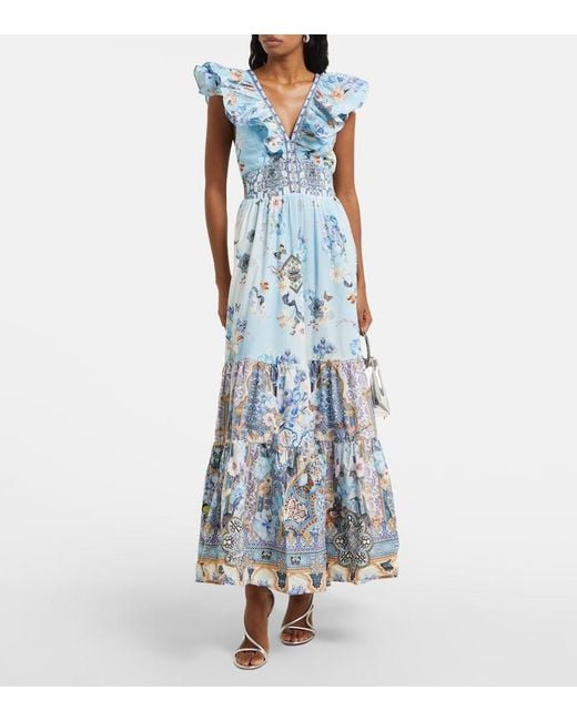 Camilla Blue Ruffled Crystal-Embellished Printed Organic Cotton-Poplin Maxi Dress