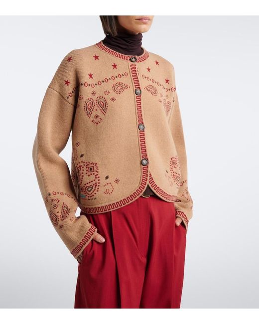 Alanui Brown Bandana Jacquard Wool And Cashmere Cardigan
