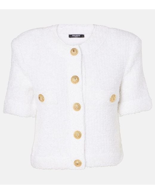 Balmain White Pointelle Ribbed Cropped Cardigan