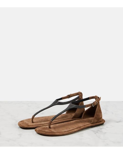 Brunello Cucinelli Brown Monili Suede Thong Sandals