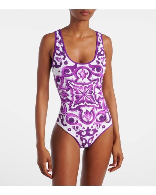 Dolce & Gabbana Purple Maiolica Print Swimsuit