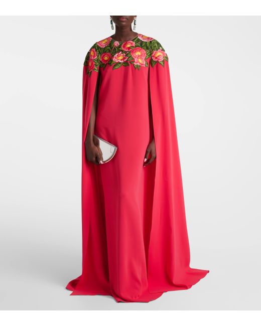 Oscar de la Renta Red Camellia Caped Floral Georgette Gown