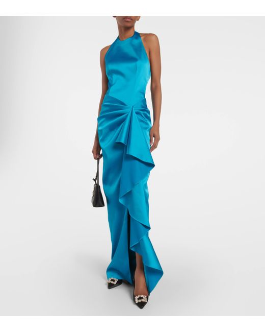 Rasario Blue Halterneck Draped Satin Gown