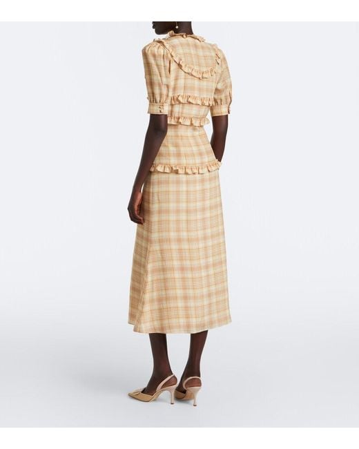 Alessandra Rich Natural Ruffled Plaid Silk Midi Dress