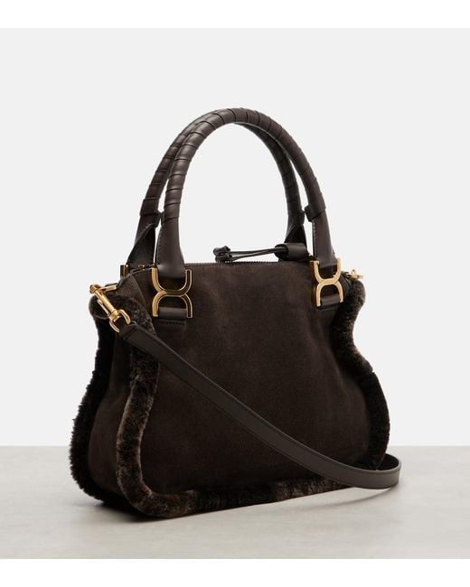 Chloé Black Marcie Small Shearling-Trimmed Suede Tote Bag