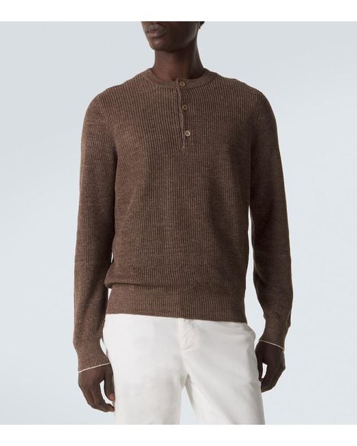 Brunello Cucinelli Brown Ribbed-Knit Linen And Cotton Polo Sweater for men