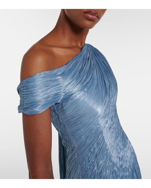 Marmar Halim Blue Draped Pleated Silk Chiffon Gown