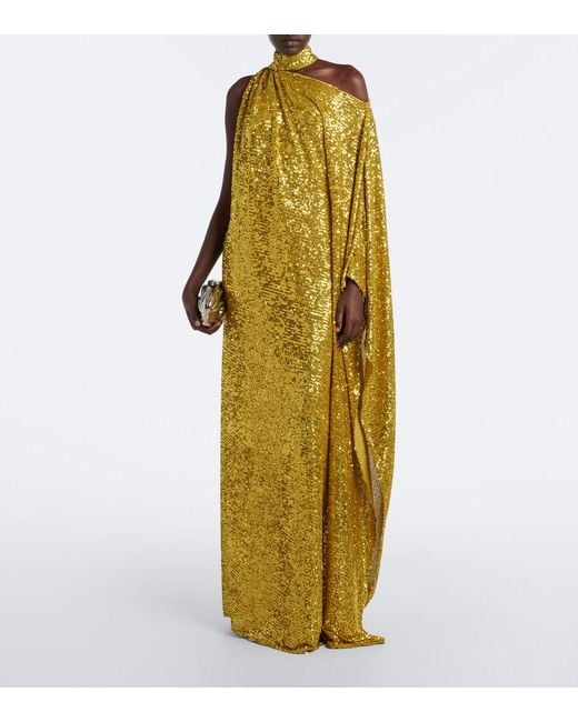 Taller Marmo Yellow Atlas Disco Sequined One-Shoulder Gown