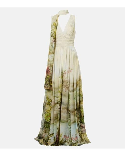 Elie Saab Green Scarf-Detail Printed Georgette Gown