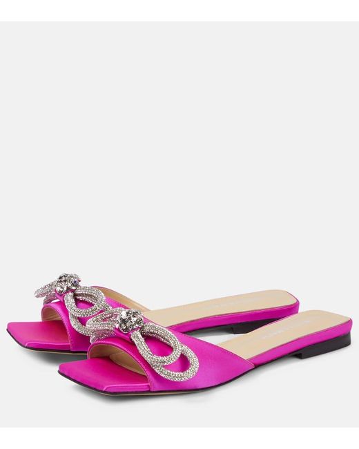 Mach & Mach Pink Double Bow Embellished Satin Mules