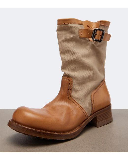 Prada Brown Leather And Canvas Biker Boots