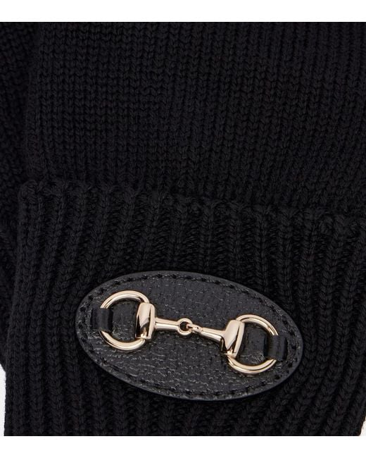 Gucci Black Horsebit Ribbed-Knit Wool Gloves