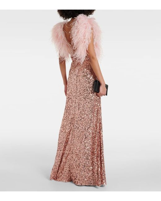 Dolce & Gabbana Pink Sequined V-neck Feather-trimmed Gown