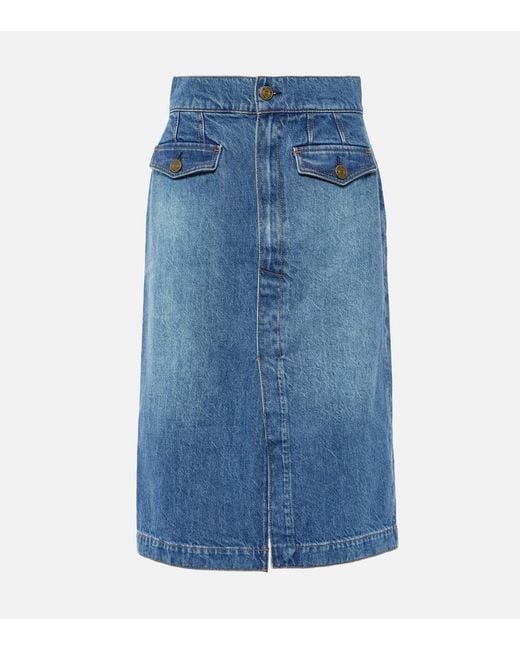 Jupe Midi The Vent Front A Taille Haute En Jean FRAME en coloris Blue