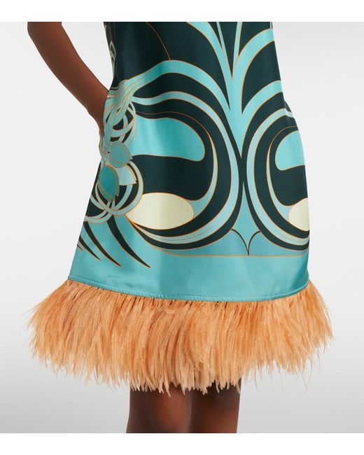 LaDoubleJ Green Swing Feather-Trimmed Floral Silk Twill Minidress
