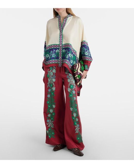 LaDoubleJ Red Floral Silk Twill Palazzo Pants