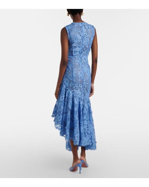 Oscar de la Renta Blue Asymmetric Floral Embroidered Cocktail Dress