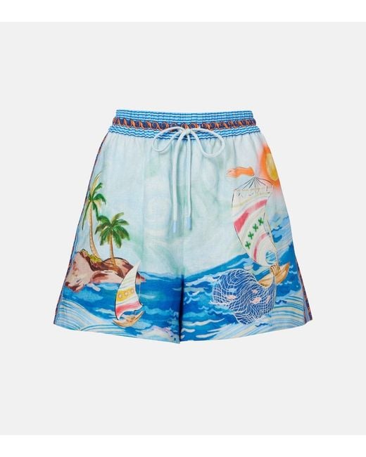 ALÉMAIS Blue Printed Linen Shorts