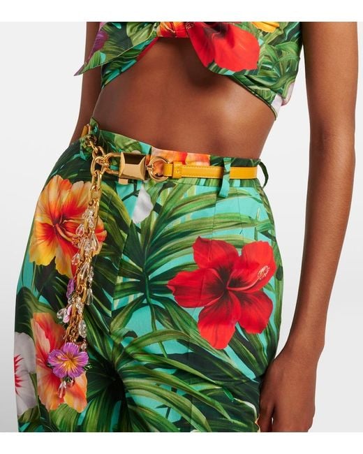 Dolce & Gabbana White Embellished Floral Leather And Chain Belt