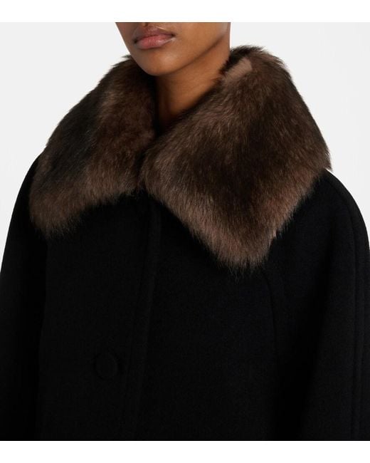 Valentino Black Shearling-Trimmed Virgin Wool Coat