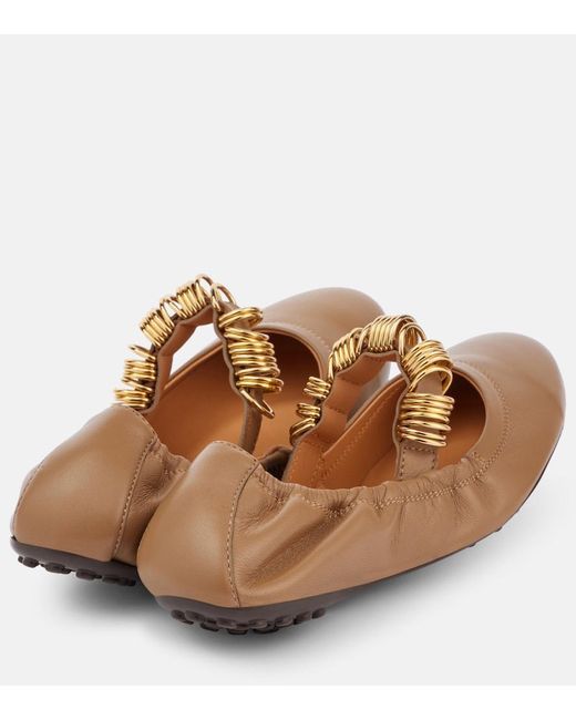 Tod's Brown Embellished Leather Mary Jane Flats