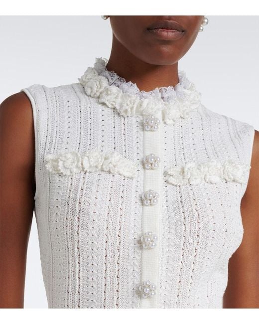 Self-Portrait White Embellished Knitted Cotton Minidress