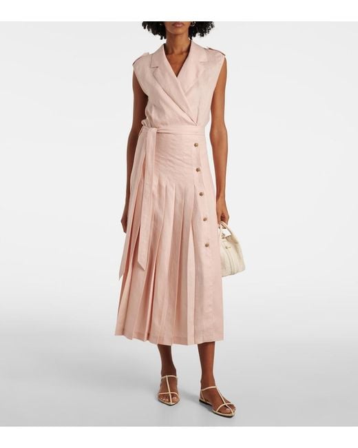 Loro Piana Pink Bryce Pleated Linen Midi Dress