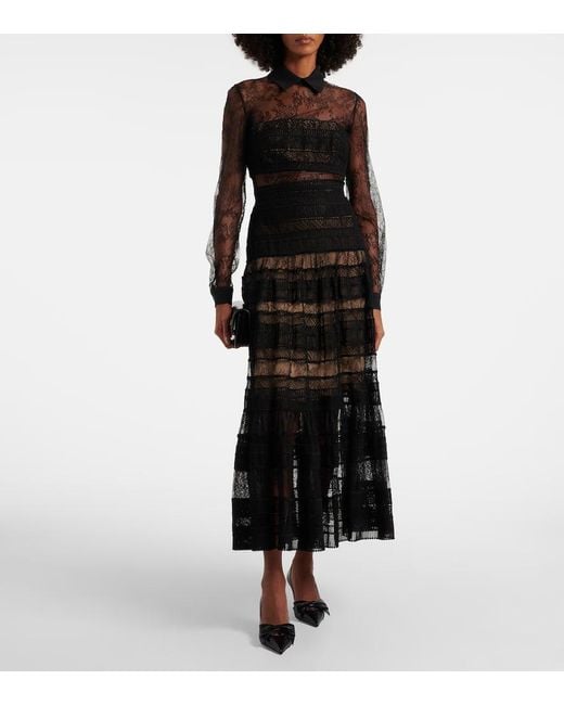 Elie Saab Black Midikleid Aus Spitze Und Makramee