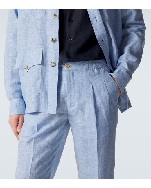 Rubinacci Blue Linen Slim Pants for men